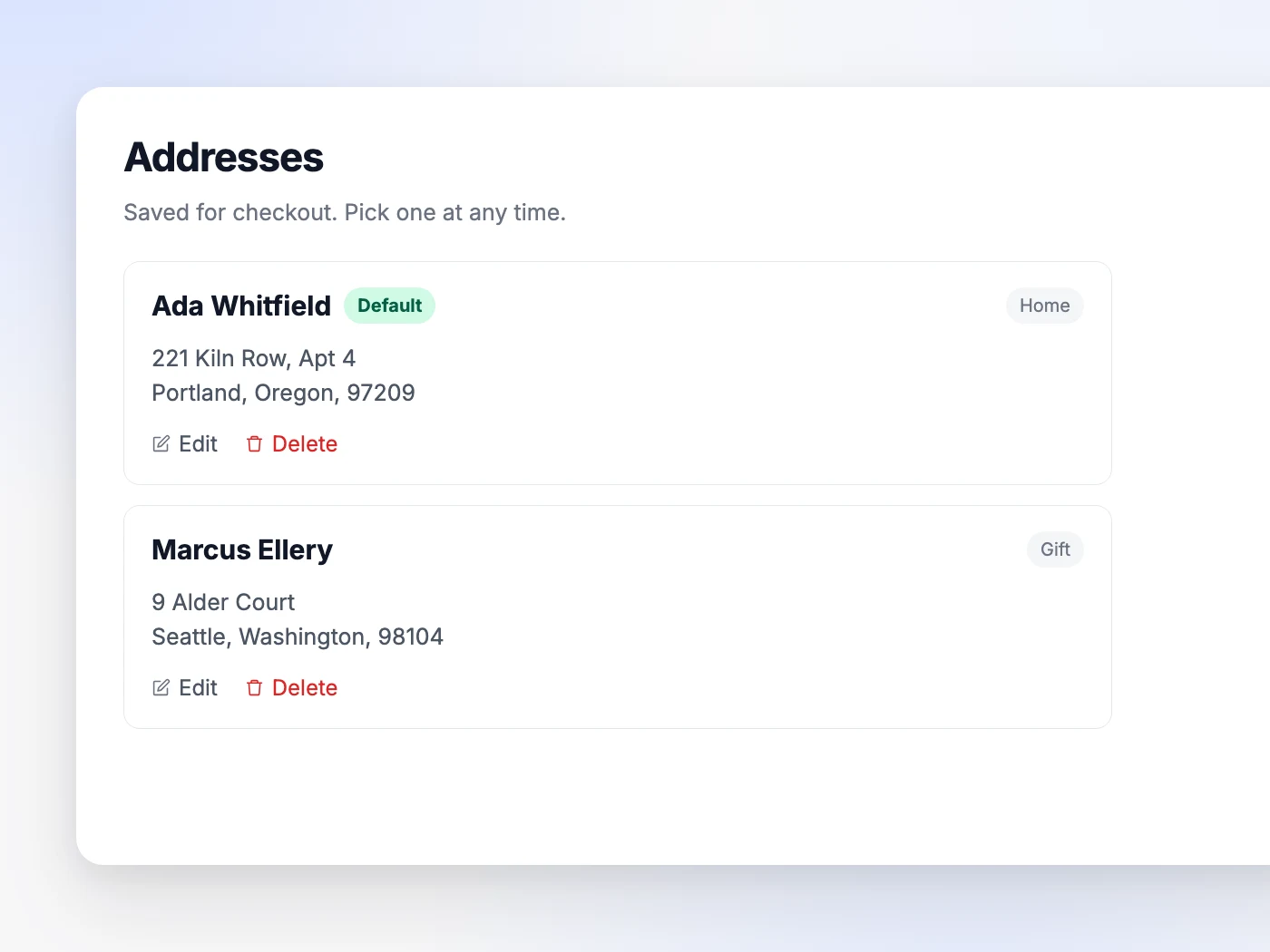 The Addresses tab of the customer portal, showing home, office, gift and studio addresses saved side by side, one marked Default, each with edit and delete controls