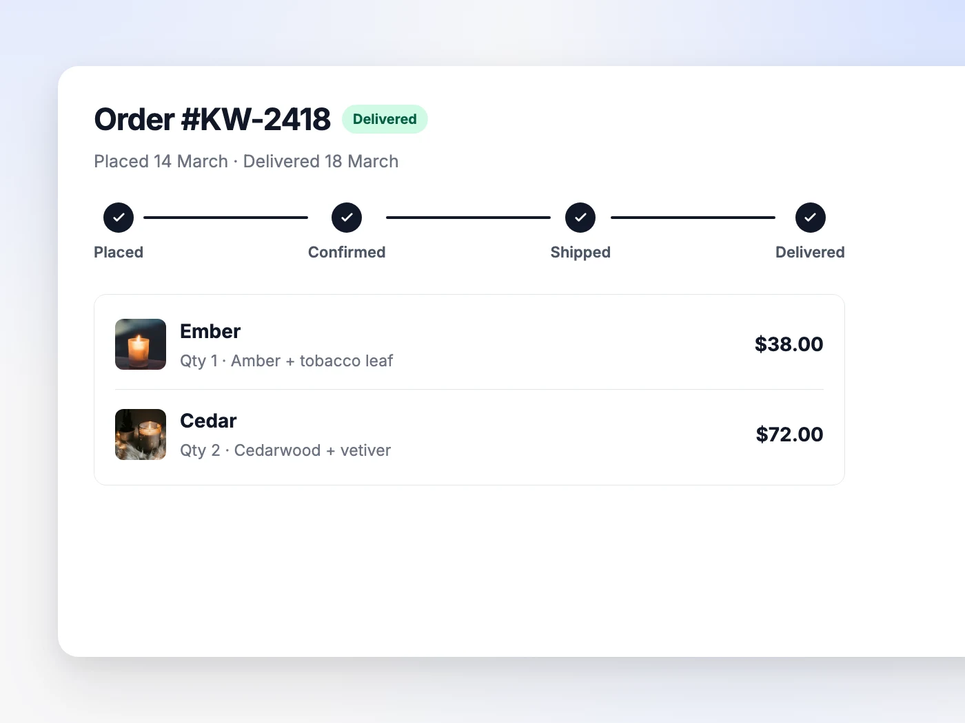 A delivered order in the customer portal, showing the Placed, Confirmed, Shipped, Delivered tracker, the items ordered, the order summary, and the shipping address