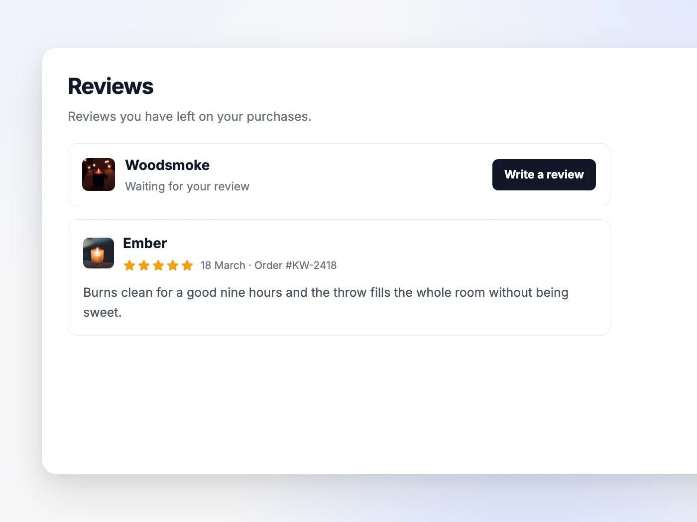 The Reviews tab of the customer portal, with a product still waiting for a review above the reviews already left, each with its star rating, date and order number