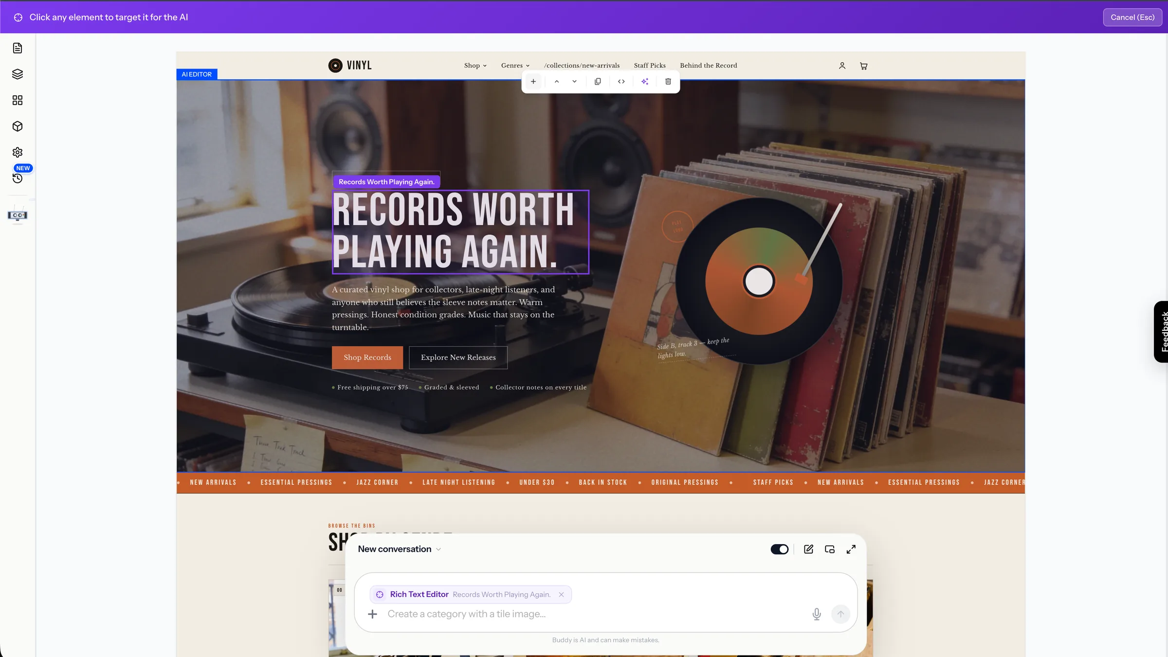 The builder in targeting mode: the purple targeting bar, the hero heading outlined on the canvas with its element toolbar, and the same element carried into the prompt box as a Rich Text Editor chip reading Records Worth Playing Again
