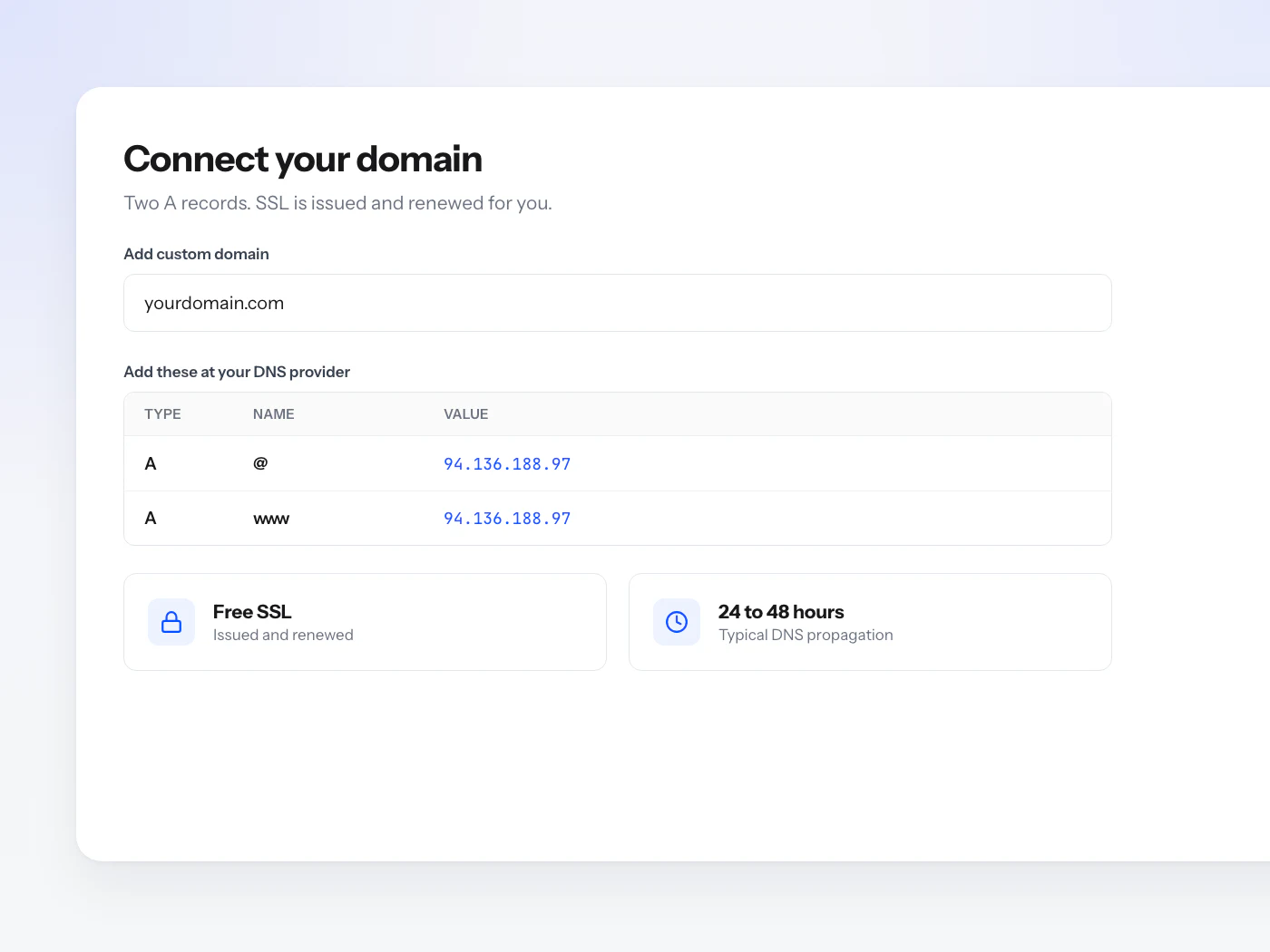 The domain panel with a custom domain entered, the two A records to add at your DNS provider, and cards for free SSL and DNS propagation time