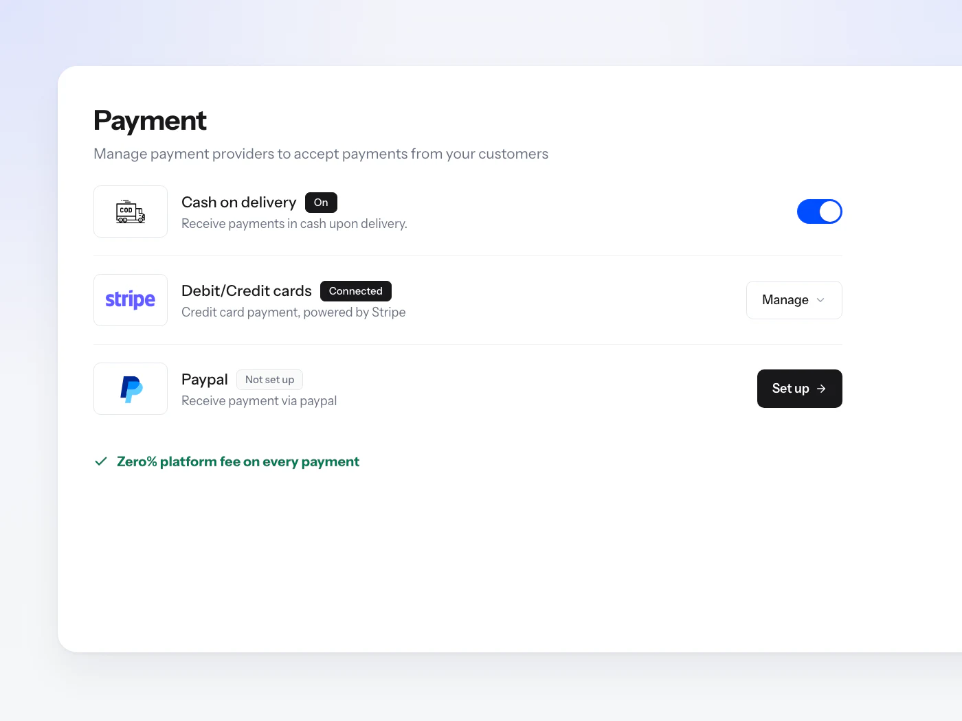 The payment panel with cash on delivery switched on, Stripe connected, PayPal waiting to be set up, and a Zero% platform fee line