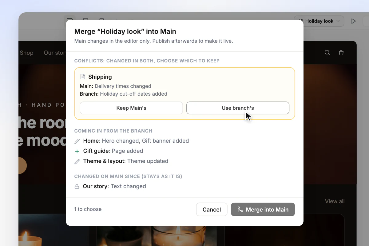 The Merge Holiday look into Main dialog: one conflict on the Shipping page to choose, the Home page, a new Gift guide page and the theme coming in from the branch, and Our story staying as it was changed on Main