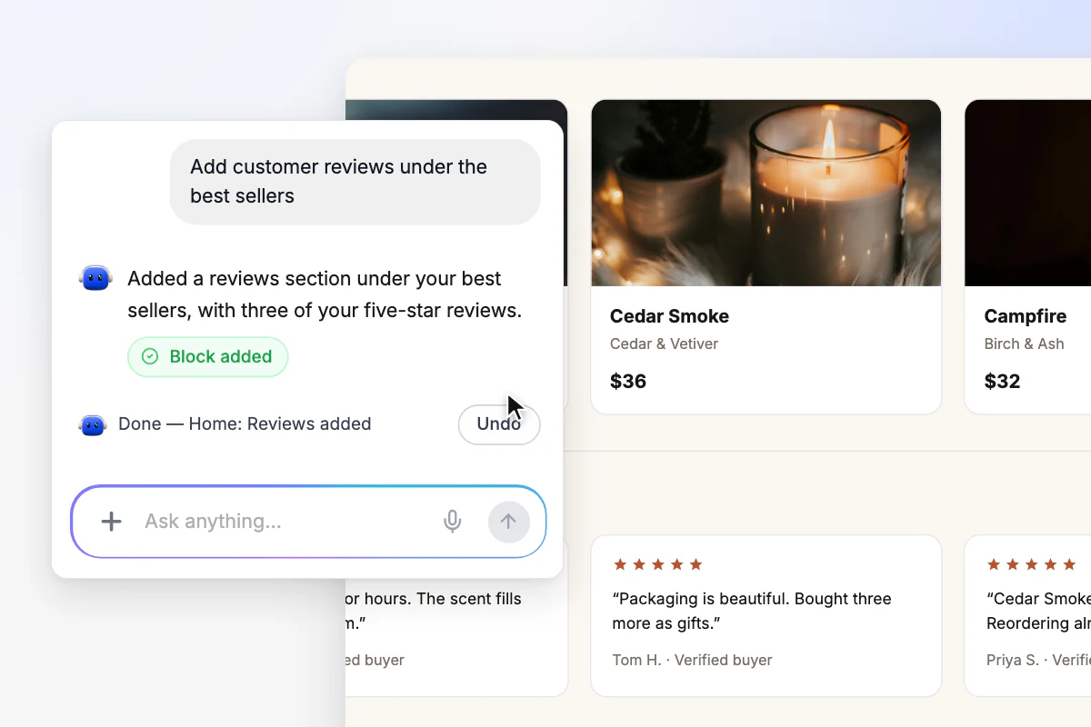 Buddy's chat after it added a reviews section to the store, with a Done line naming the change and an Undo button under the pointer