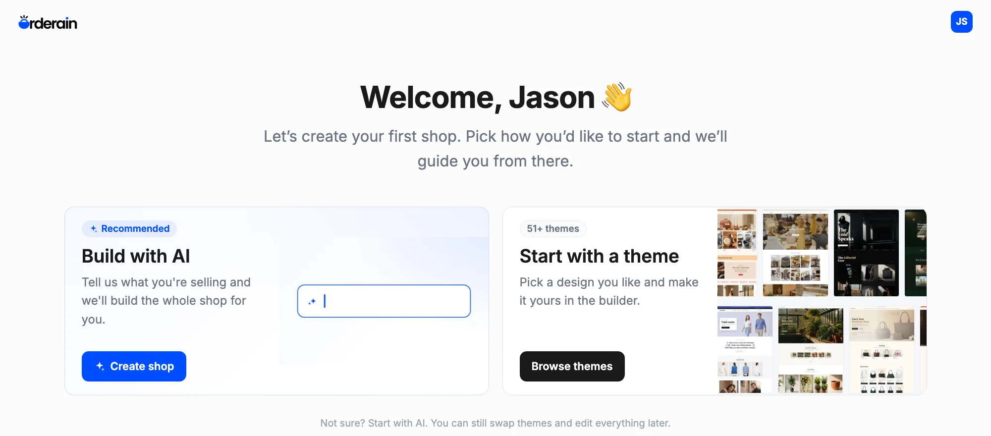 The new-shop screen offering Build with AI, with a Create shop button, beside Start with a theme showing a wall of 51 theme covers