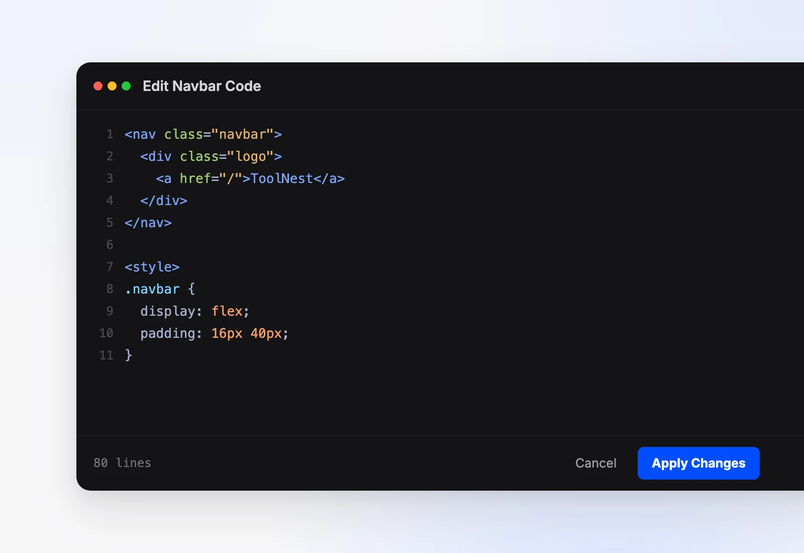 The Edit Navbar Code editor showing HTML and CSS with an Apply Changes button