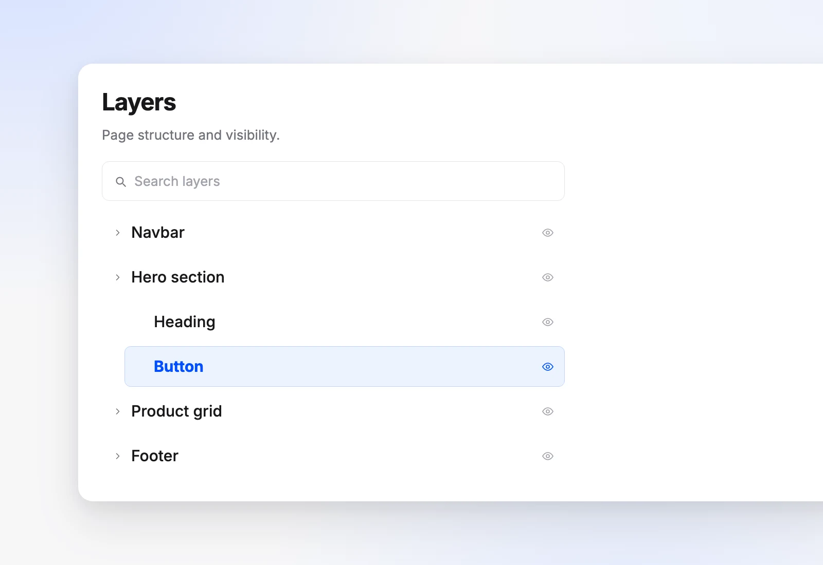The Layers panel listing a page as a searchable tree of elements