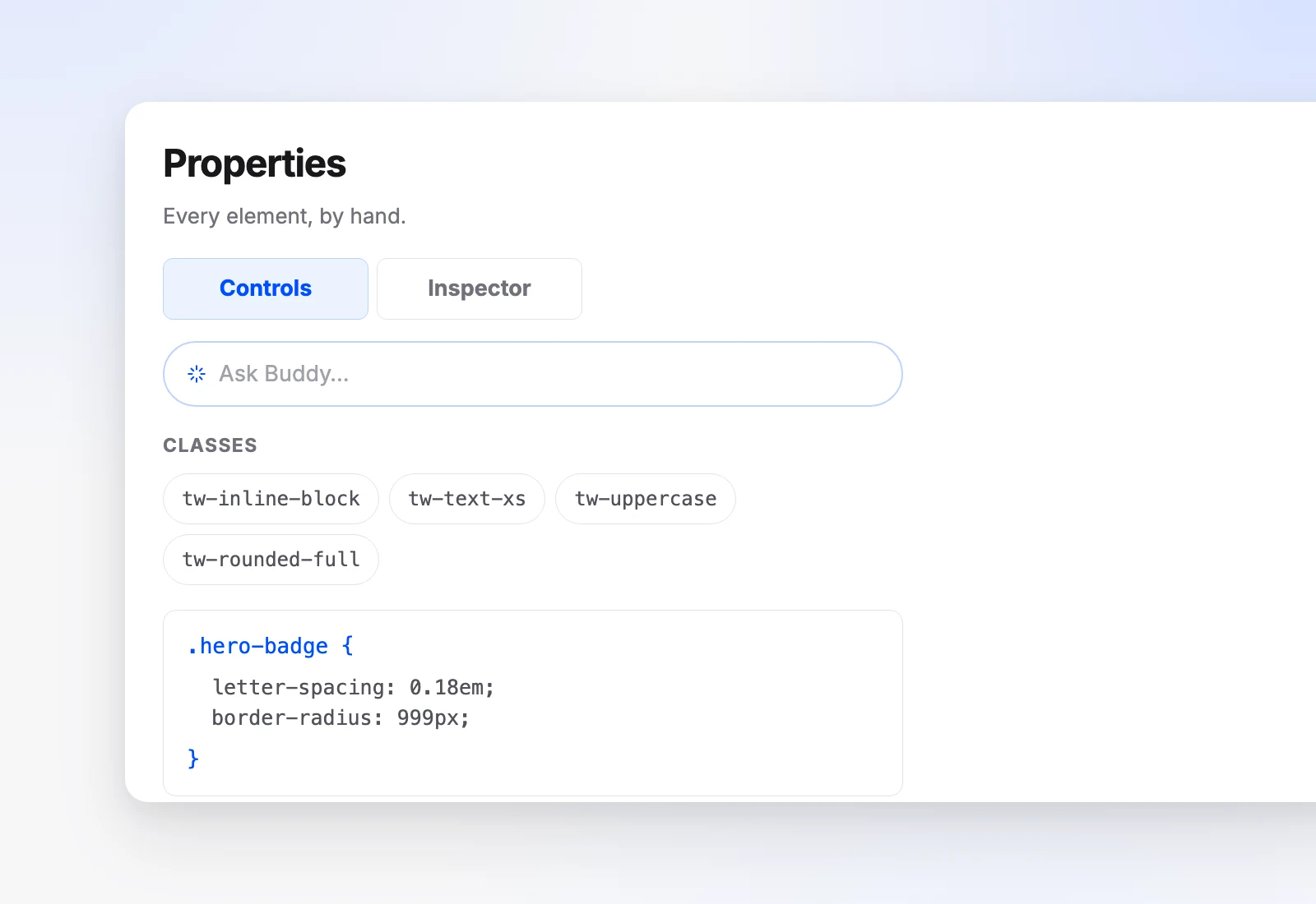 The element properties panel with Controls and Inspector tabs, an Ask Buddy bar, class pills and a CSS rule