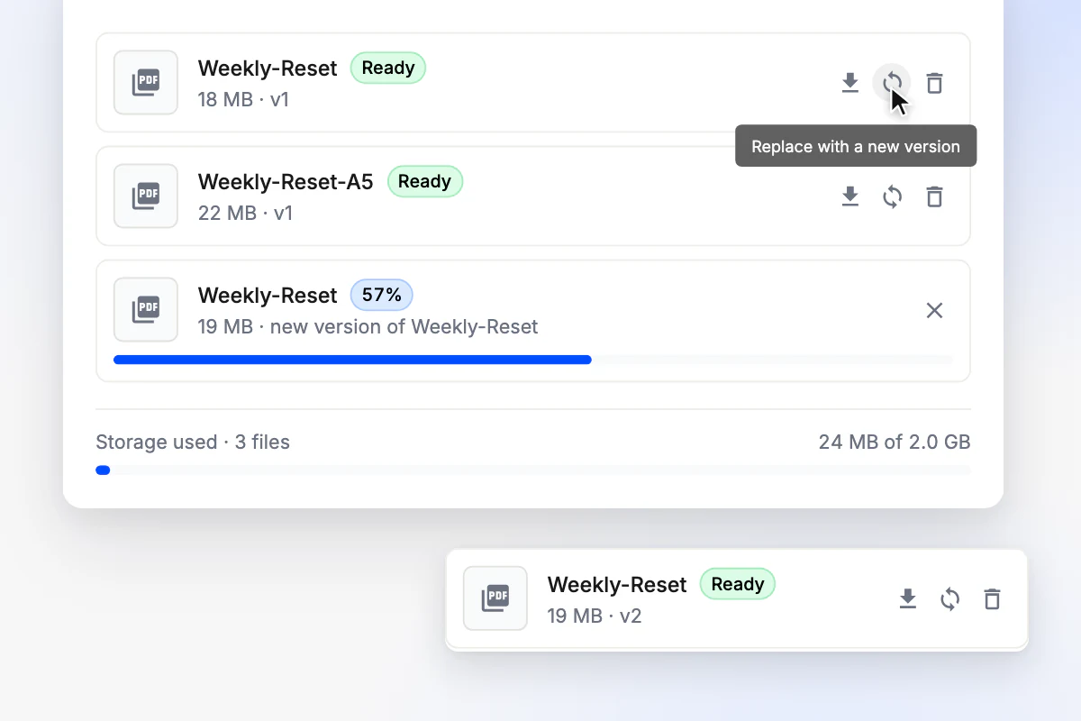 A file in the dashboard with the option to replace it with a new version