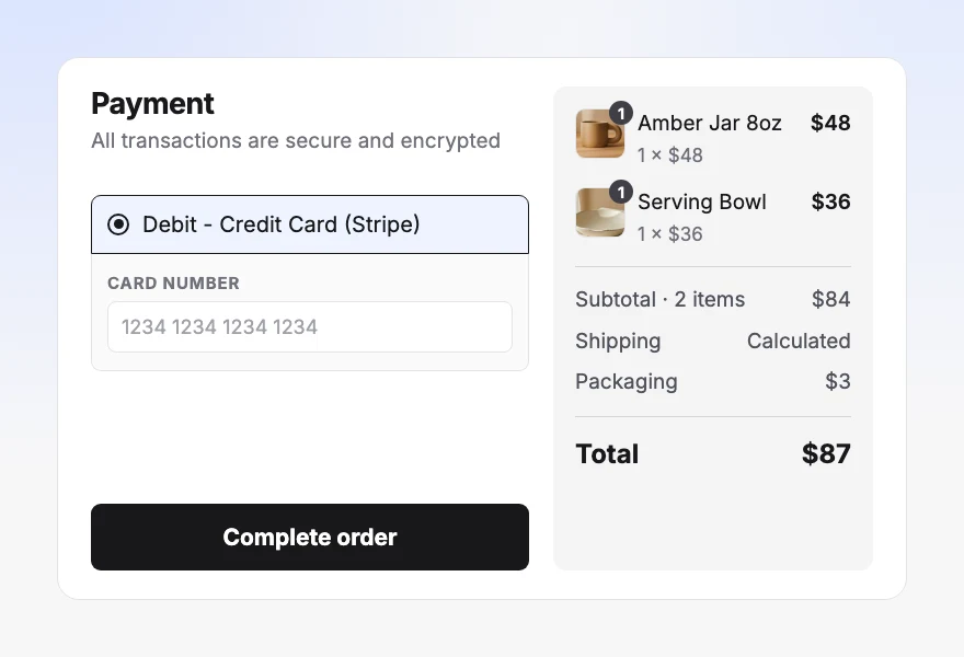 An Orderain storefront checkout with delivery details, shipping method, Stripe card payment and an order summary