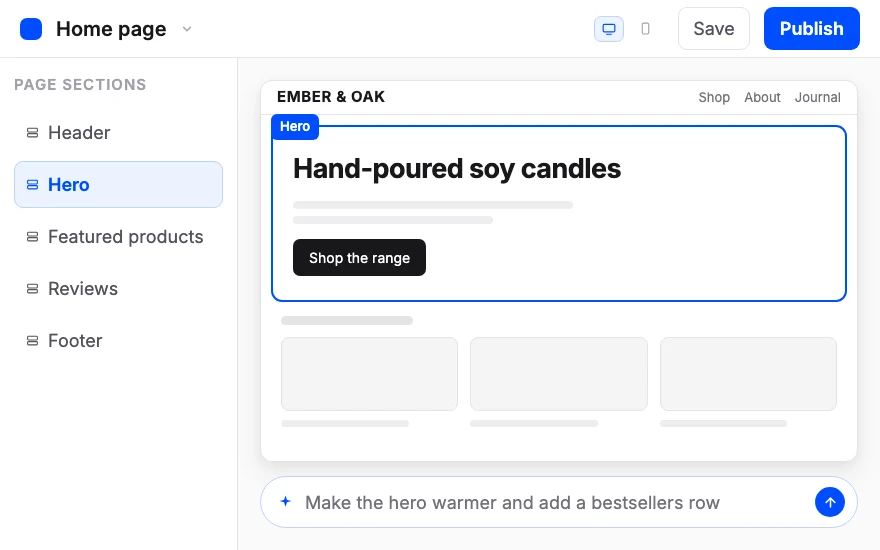 The builder canvas with a storefront hero section selected