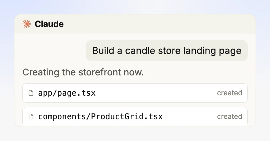 A prompt reading "Build a candle store landing page with a product grid", above chips for Cursor, Claude, Next.js and Nuxt