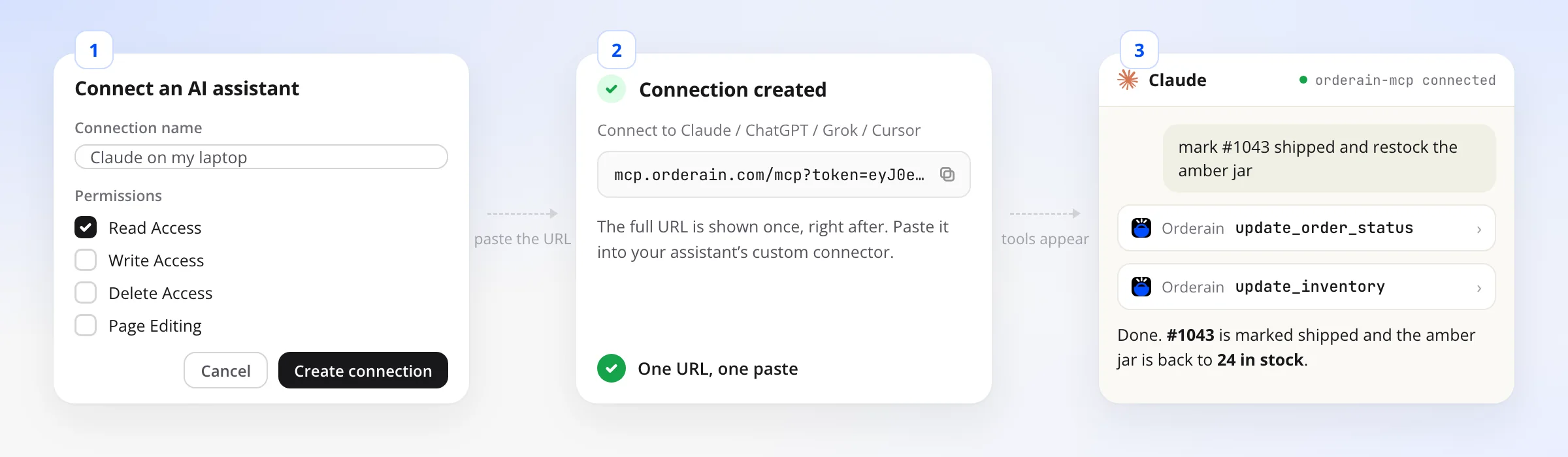 A connection created in the Orderain dashboard's Connect an AI assistant dialog, the connect URL it hands back, and a Claude chat calling the store tools