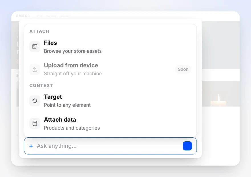 The plus menu open over the prompt box: Files and Upload from device under Attach, Target and Attach data under Context