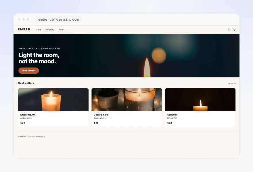 A generated Ember candle storefront with navigation, a hero and a best-sellers row