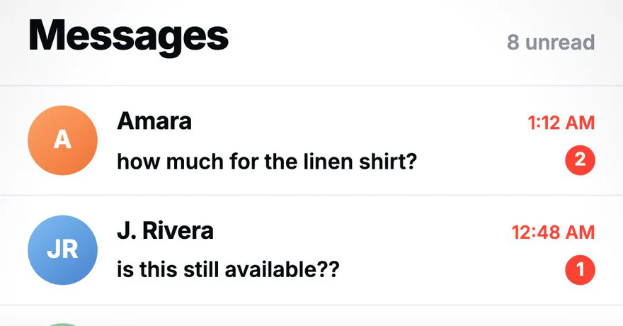 A phone inbox with 8 unread messages, each one a buyer asking how much the linen shirt is, whether it is still available, and whether you deliver
