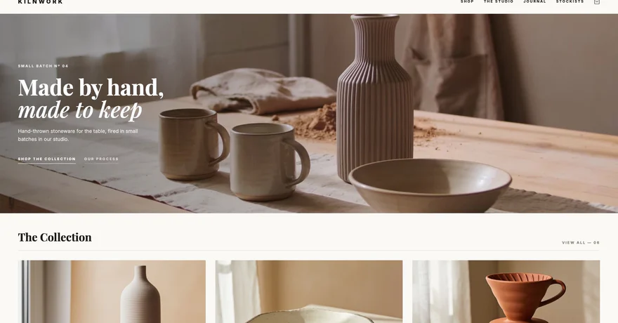 The Kilnwork storefront running on Orderain, with its own navigation, hero and product collection