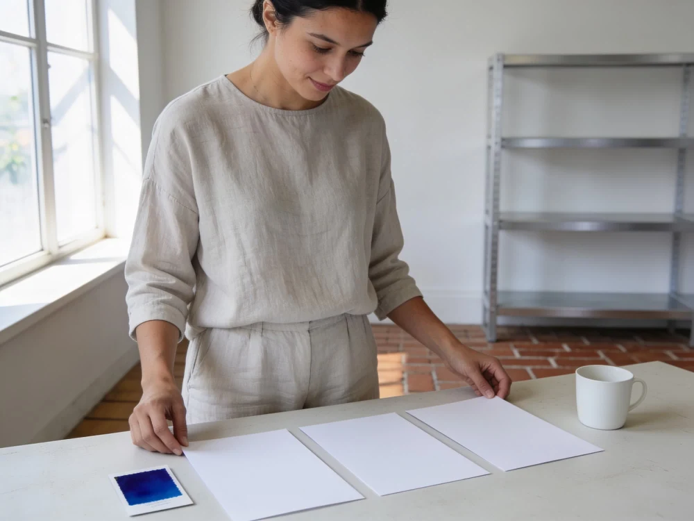 A maker at a pale worktable laying out blank printed sheets beside a cobalt ink swatch