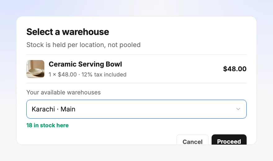 Choosing the Karachi Main warehouse to fulfil the order from, showing 18 in stock there