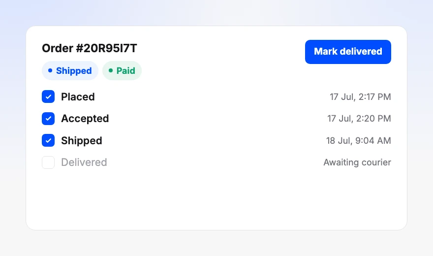The order shipped and paid, with placed, accepted and shipped ticked off and delivered still awaiting the courier