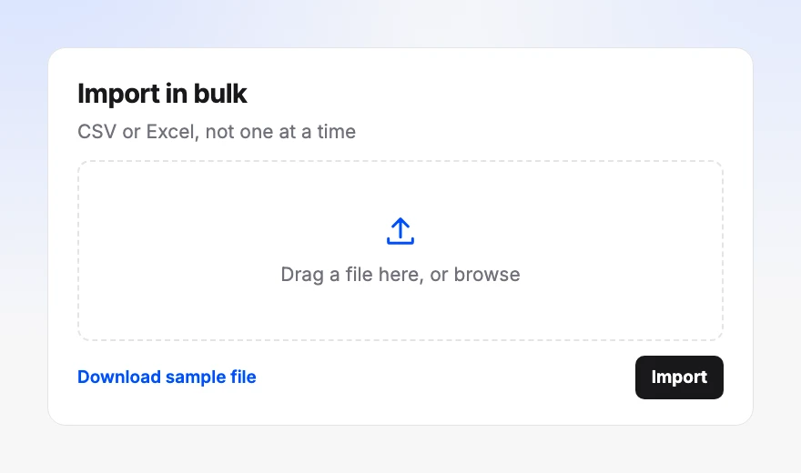 A bulk product import panel accepting a CSV or Excel file, with a sample file to download