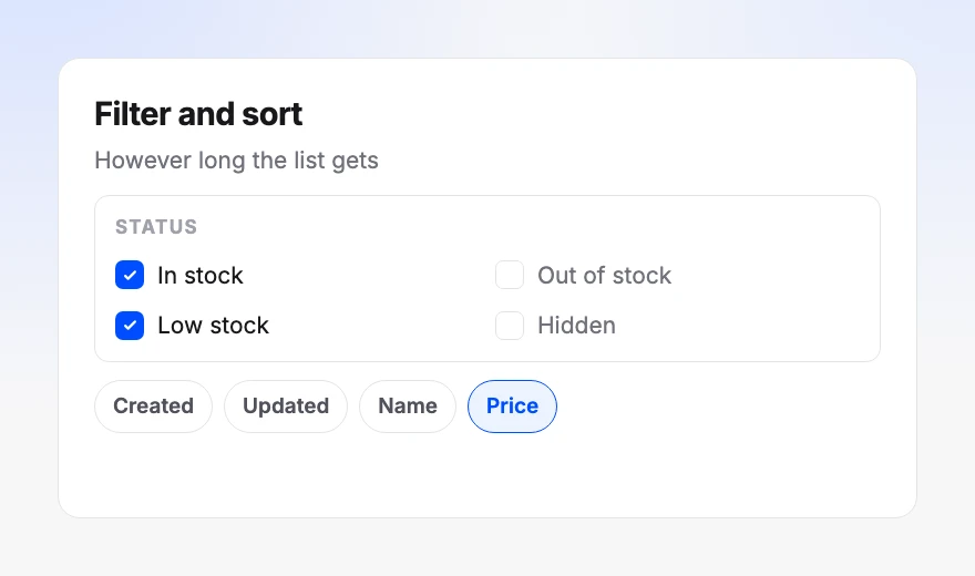 A status filter with in stock and low stock ticked, and sort options for created, updated, name and price