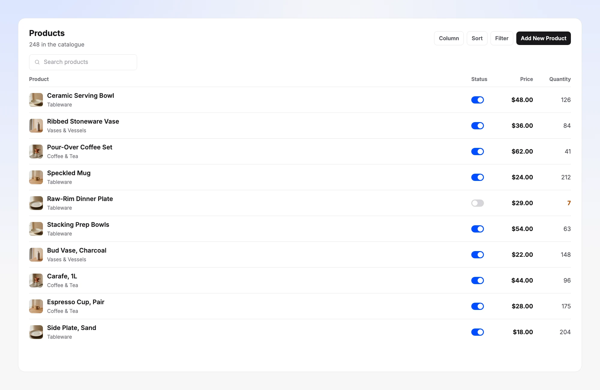 The products table with search, sort, filter and add controls, showing five ceramics with status toggles, prices and quantities, one of them low on stock