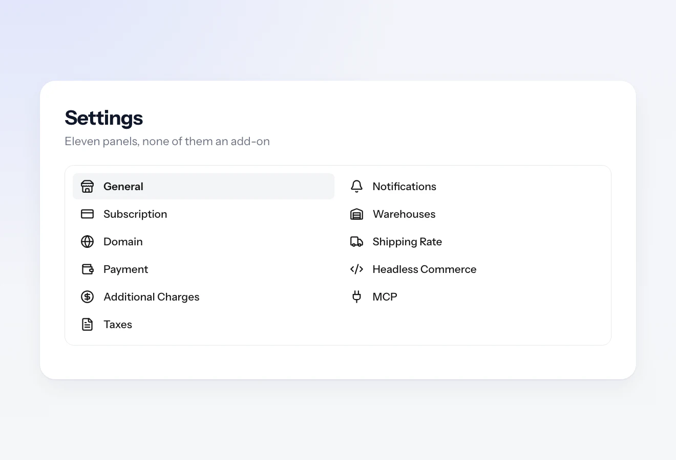 The settings sidebar: General, Subscription, Domain, Payment, Additional Charges, Taxes, Notifications, Warehouses, Shipping Rate, Headless Commerce and MCP