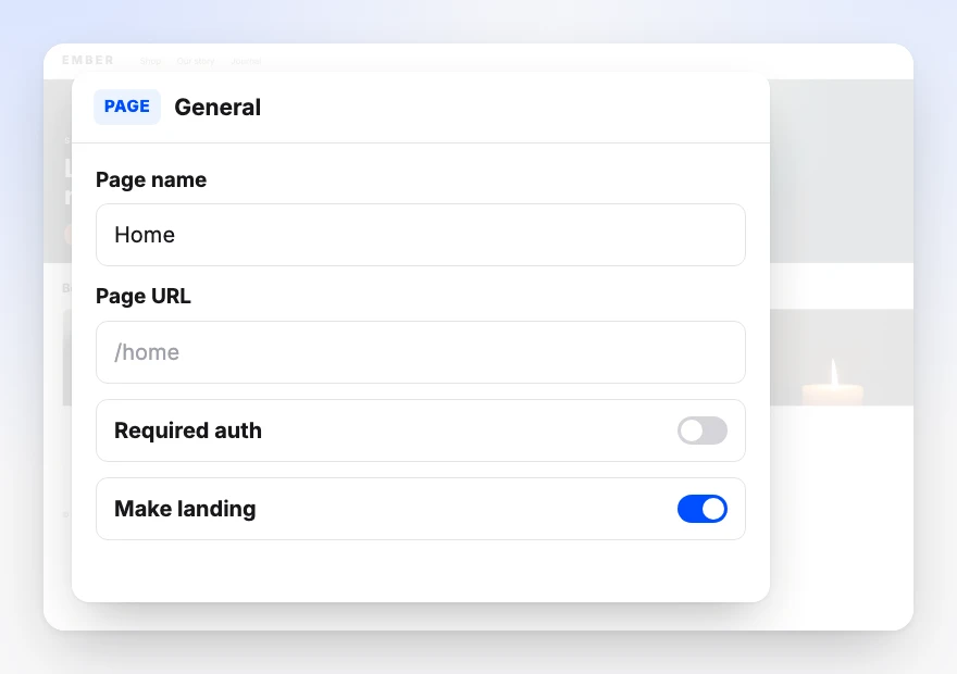 The General panel: page name Home, page URL /home, Required auth off and Make landing on