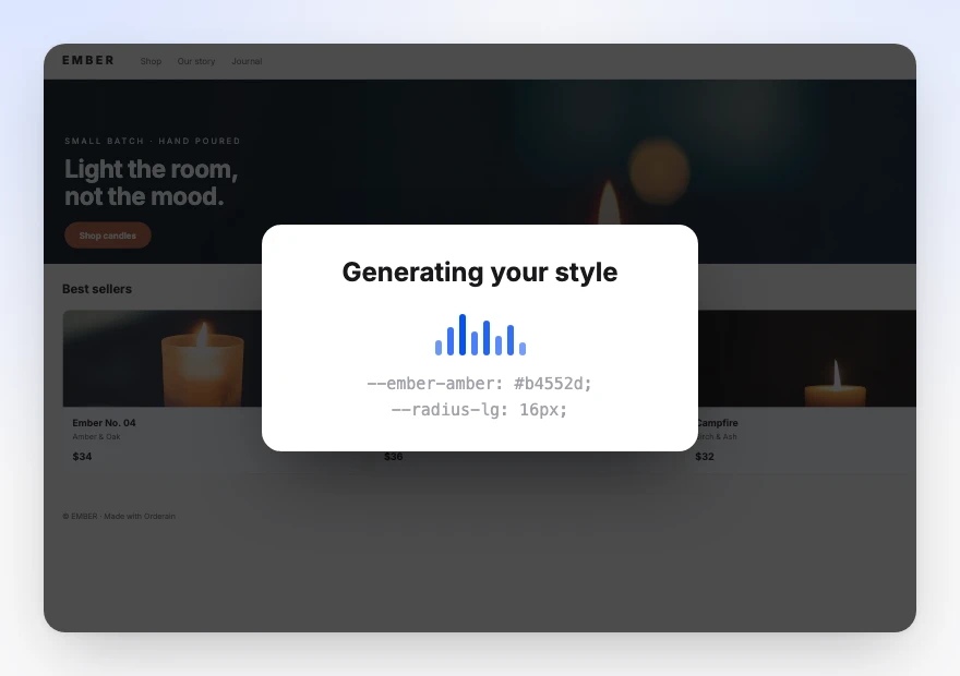 The canvas dimmed behind a Generating your style dialog, with the brand’s own CSS variables being written out
