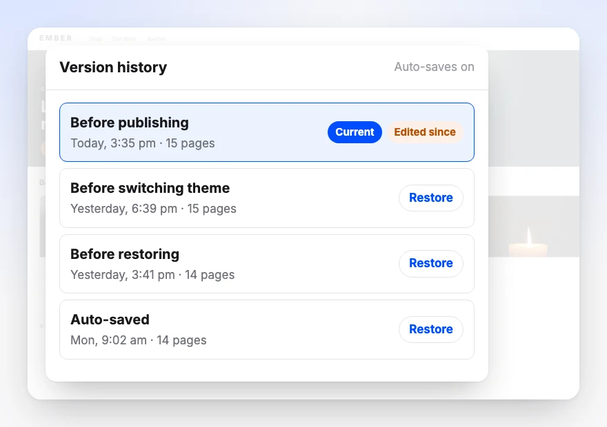 Version history: snapshots taken before publishing, before switching theme and before restoring, the live one flagged Current and Edited since, the rest one Restore away