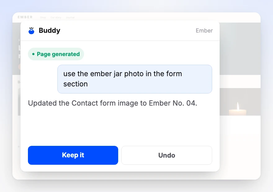Buddy confirming the page is generated and the form image updated, with Keep it and Undo offered side by side