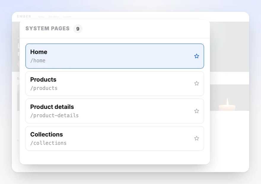 The system pages list: Home, Products, Product details and Collections, each with its route, out of nine that ship