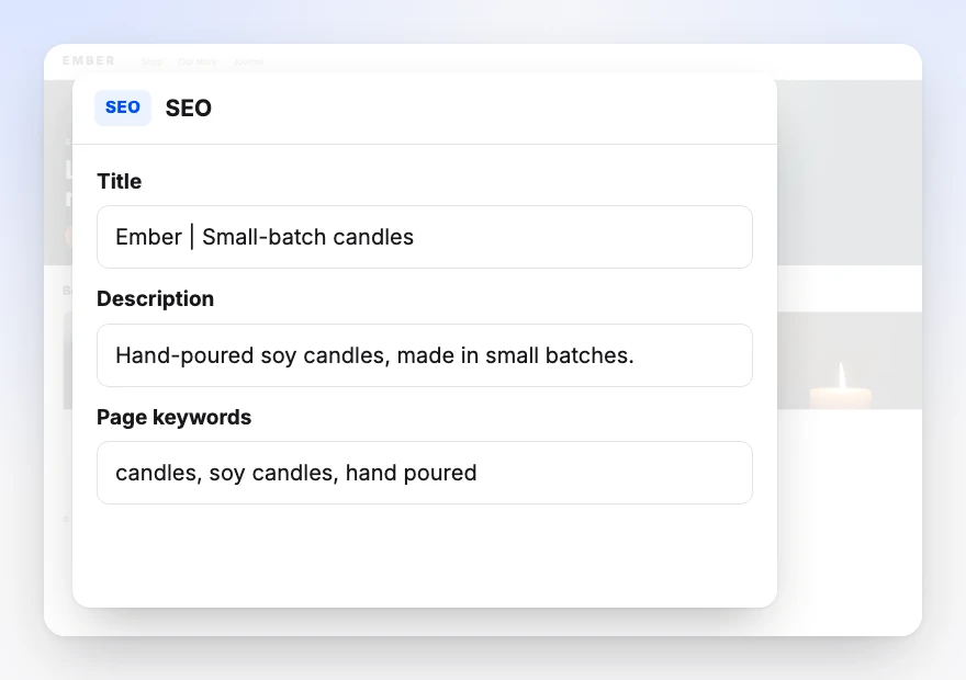 The SEO panel with the page title, description and keywords filled in for the Ember store