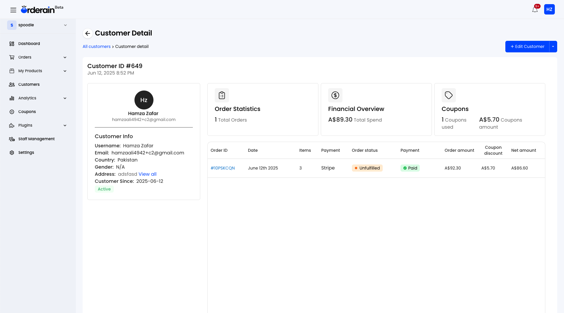 Customer management CRM dashboard for ecommerce stores