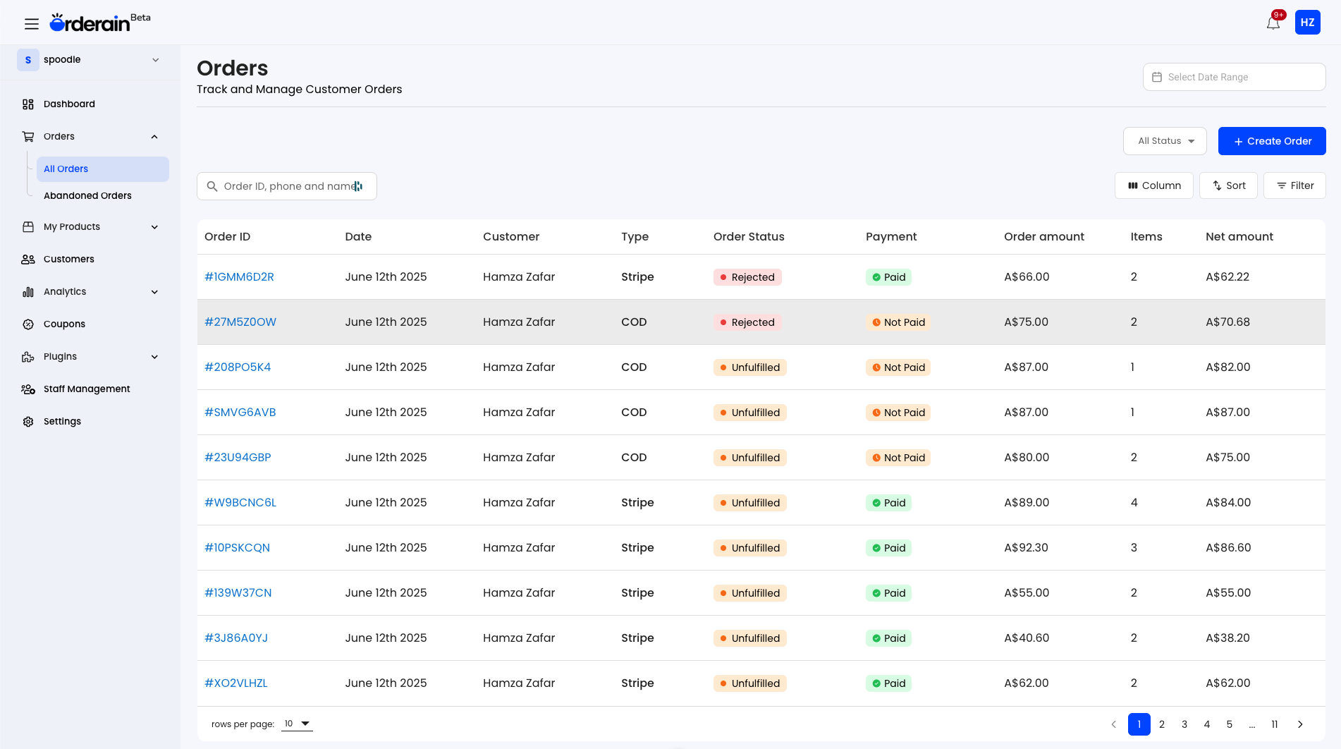 Order management dashboard